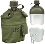 DOMINATOR URBAN COMBAT US Feldflasche 1 Liter mit 0,5l Feldflaschenbecher, Militär Trinkflasche 1L mit Trinkbecher aus Aluminium, Camping Wasserflasche mit Stofftasche Olive