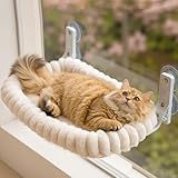 EDAGNY Katzen Fensterliege Katzen Hängematte Weich mit Abnehmbarem Wendebezug - Katzen Hängematte Fenster mit Stabiles Stahlgestell Katzenbett mit 4 Starken Saugnäpfen Halt bis 18kg (Weiß, M)