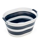 SAMMART Wäschekorb aus Kunststoff, zusammenklappbar, 23 l, ovale Wanne/Korb – faltbarer Aufbewahrungsbehälter/Organizer – tragbare Waschwanne – platzsparender Wäschekorb (1, Grau/Schiefergrau)