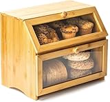 TINMAGI Bambus Brotkasten, Doppelschichtiger Brotbehälter aus Holz, Brotaufbewahrung mit transparentem Fenster und deckel, Brottopf für Hörnchen, Brötchen