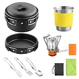 Anbte Camping Kochgeschirr Set Outdoor für 1 Personen Campinggeschirr Satz mit Mini Kochtopf & Pfanne Faltbare Besteck Mini Campingkocher Campingbecher, 12-IN-1 Tragbar Kochtopf Set