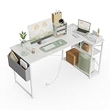 BEXEVUE Schreibtisch L-Form, 100 x 70 cm, platzsparender Computertisch mit Steckdosen und Seitentaschen, für Büro und Homeoffice Tisch, einfach zu montieren, Weiß