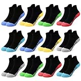 GENTABY Jungen Sneaker Socken Kinder laufsocken Schule 12 Paar Klassische Farben Schwarz Weiß von Spleißstreifen Atmungsaktive Baumwollsocken für 10-14 Jahre 35-38 Bunte Kleinkind Sportsocken