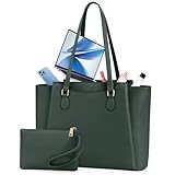 RAINSMORE Handtasche Damen 15,6 Zoll, Shopper Tasche Tote Bag Damen Groß mit Clutch, PU Leder Aktentasche Laptoptasche für Business, Schule, Arbeit, Dunkelgrün