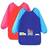 Hoxfly 2 Stück Malschürze Kinder 5-10 Jahre,Bastelschürze mit Ärmeln und 3 Taschen,Kinder Kittel Schürze,Wasserdichte Langarm Malschürze,für Schule Kunst Malerei,Essen,Blau & Rot (Mittel)
