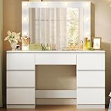 WOLTU Schminktisch mit LED-Beleuchtung, einstellbare Helligkeit, Kosmetiktisch mit großem Spiegel, Frisiertisch mit 7 Schubladen, 110x140,5x39,5 cm, für Schlafzimmer, Weiß, MB6099ws
