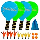 U&C Planet Beachball Set Paddle Ball Spiel Strandschlägerset aus Holz Schläger Spiel für Kinder&Familie 4 Schläger, 4 Bälle und 8 Birdies Spielzeug für Garten Strand Party (Hellgrün und Blau)