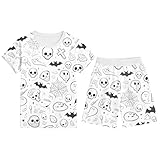 Halloween Kostüm Damen Schlafanzug Pyjama Sets Pyjama-Set für Jungen mit Halloween-Print, kurzärmelig, Rundhalsausschnitt, Shorts, Outfit, bequem, elastische Taille, lässige (White, 7-8 Jahre)