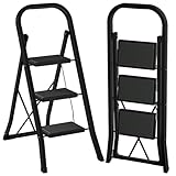 AMHANCIBLE Trittleiter, Leiter mit 3 Stufen, bis 150 kg belastbar, Klapptritt mit breitem Anti-Rutsch-Pedal und Klappsicherung, Einfach zu Verstauen, Perfekt für Küche & Haushalt, Schwarz EBSL03BK