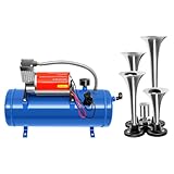 Atnhyruhd Zughupen Set 4 Trompeten Lufthupen Set Air Horn Kit 6 Liter mit Druckluft Kompressor Tragbar Luftkompressor 150 PSI 12v 6L