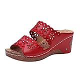Keilabsatz-Sandalen für Damen, orthopädisch, Sandalen und Pantoletten für Damen, komfortabel, rutschfest, atmungsaktiv, Bohème, Sommerschuhe, Hausschuhe, Schwimmbad, Rot 2, 37 EU