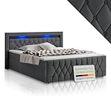 Juskys Boxspringbett Leona 180x200 cm - Bett mit LED Beleuchtung, Topper & H4 Federkern Matratzen - Doppelbett Grau mit Samt und Steppung