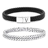 ZENGSING Herren Armband Edelstahl Armbänder Lederarmband Herren Armband mit Buchstaben Edelstahl Gravur 2 Stücke Herrenarmbänder Kubanische Armband Leder Armband mit Magnetverschluss Geschenke (V)