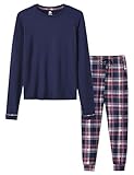 MoFiz Jungen Schlafanzug Lang Pyjama-Set Kinder Weich Niedlich Langarm Shirt und Karierte Schlafanzughose Lang Nachtwäsche Loungewear Hausanzug Set Marineblau Größe XL (DE 164-176)