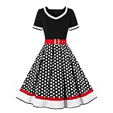 Rockabilly Kleider Damen 50er Jahre Petticoat Kleid Vintage Audrey Hepburn Kurzarm V-Ausschnitt Polka Dot Swing Coctailkleid Hochzeit Gast Festlich Knielang Sommerkleid Abendkleid Schwarz L