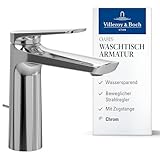 Villeroy & Boch Oasis Waschtischarmatur mit Zugstange - Wasserhahn Bad mit Keramikkartusche - Waschbeckenarmatur wassersparend und pflegeleicht - Auslaufhöhe 114mm - Badarmatur rund in Chrom
