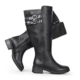 Chicblooms Damen-Stiefel mit extrabreitem Wadenabschnitt, Blockabsatz, gestapelter Schnalle, verstecktem Stretch, kniehoch, Schwarz Synthetik EU 40
