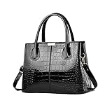 NICOLE & DORIS Handtaschen Damen Mode Krokoprägung Henkeltasche Lackleder Handtasche Shopper Umhängetaschen Damentasche mit Reißverschluss Schwarz