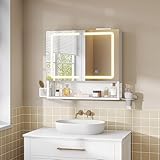FORABAMB Spiegelschrank Bad mit LED-Beleuchtung & Steckdose, Doppeltür Badezimmerschrank mit verstellbarer Ablage, Badezimmer Spiegelschrank mit HD-Spiegel, 3 Farbtemperatur dimmbare, 60×16×60 cm,Weiß