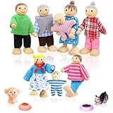 Rosedreamer Puppenhaus Puppen, 14 Stück Hölzerne Puppen Familie Set Biegepuppen Puppenfamilien Figuren mit Katze und Hund Spielzeug Mini Puppenfamilie für Puppenhaus Zubehör Geschenk