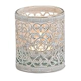 Vintage Kerzenglas Windlicht silber weiss in 8 cm - Modernes Windlichtglas als Kerzenständer Laterne und Teelichthalter - Boho Kerzenhalter Teelichtglas für Wohnzimmer Tisch-Deko, Balkon, Hochzeit