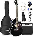 MAX ShowKit Elektro Akustik Gitarre Set mit Verstärker 40 Watt, Gitarrentasche, Gitarrenstimmgerät, Instrumentenkabel, Plektrum und E Akustikgitarre mit Tonabnehmer Schwarz