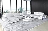 XXL Sofa Wohnlandschaft Bari in Leder Sofa mit USB-Anschluss Kopfstützen LED-Licht Ledersofa Designersofa Couch (Ottomane Links (auf Sofa blickend), Weiss-Schwarz)