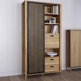 Forte JYTANA Schrank 100 105, skandinavischer Schrank mit 3 Schubladen, 2 Türen und 3 Regalfächern, Mauvella Eiche Holzdekor/Schwarz, 103,4 cm breit x 200,3 cm hoch x 40,2 cm tief