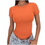Kurzärmeliges Sport-Top für Damen, lässig, schmale Passform, Stretch, Baselayer, T-Shirt, leicht, Sommer, Workout, Fitness, Laufen, T-Shirt für Teenager, Mädchen, Orange, M
