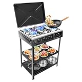 Gaskochfeld 5 Flammig, Freistehender Gaskocher mit Deckel und 2 Regalen, 2,5 KW Gasherd Tragbarer Erdgasherd, NG/LPG, für Camping Wohnmobil, 64x44.5x16.5cm, Schwarz
