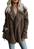 OMZIN Damen Mantel Plüsch Jacke Casual Faux Für Revers Parka Outwear Herbstjacke Einfarbig Teddy Oversize Plüschjacke Warm Braun 4XL