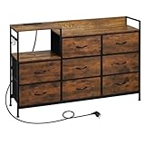 WOLTU Kommode mit 8 Schubladen aus Stoff, Stoffkommode mit Steckdosen, Kommodenschrank für Schlafzimmer Wohnzimmer Flur, aus Metallrahmen Holzwerkstoff, Vintage-Holzoptik Schwarz, SSK007hov
