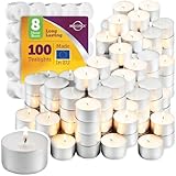 MontoPack Duftfreie weiße Teelichter, Großpackung [100], 8 Stunden rauchfreie, tropffreie, lang anhaltende Paraffin-Teelichter, kleine Votivkerzen für Zuhause, Shabbat, Hochzeiten und Notfälle