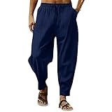 Generisch Leinenhose Herren Leicht Lang Sommerhose Bundfaltenhose Baggy Leinen Hose mit Kordelzug Sommer Strandhose Stoffhose Lockere Stretch Baumwollhose Linen Pants Männer