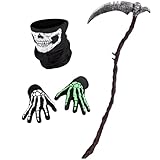 Sensenmann Kostüm Set,2025 Neue Halloween Sense Kostüm & Glüh Skeletthandschuhe & Skelett Maske,Dualklingen Design Sense Sensenmann Zubehör für Kinder Erwachsene Halloween Karneval Cosplay Mottoparty