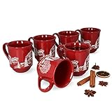 MamboCat 6er Set Glühweinbecher 0,2L mit Eichstrich I Klassische Weihnachtsmarkt Tasse mit Wintermotiv I Glühweintassen mit Henkel I Gastronomiebedarf Feuerzangenbowle Becher aus Keramik rot