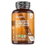 Bio Kurkuma Kapseln - 365 Turmeric Capsules - 1 Jahr Vorrat - Curcuma Pulver mit Ingwer & Schwarzer Pfeffer - Vegan - Bio Zertifiziert - Alternative zu Curcuma Extraxt - Laktosefrei - WeightWorld