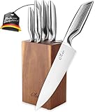 Oleio Maestro 5-teiliges Edelstahl Messerset mit Block aus Akazienholz I Messerblock mit integriertem Messerschärfer I Scharfes Küchenmesser Set für Hobbyköche und Profis
