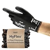 Ansell HyFlex 48-101 Dünne Arbeitshandschuhe mit PU Beschichtung, Leichte Schutzhandschuhe für Präzises Arbeiten, Heimwerk, Montage, Handschuhe Herren Damen, Schwarz, Größe L (12 Paar)