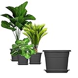 BigDean 3X Blumentopf Ø 25 cm Farbe Anthrazit & Untersetzer Kunststoff Pflanztopf Containertopf Übertopf Pflanzkübel rund 25 x 18 cm Blumentöpfe