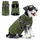 Woiil Hundemantel Hundejacke Wintermantel für Mittelgroße Hunde, Hundemantel Winter mit Geschirr, Hunde Wintermantel Ärmellose Baumwolle Gepolsterte Weste Wasserdicht Warme Reflektierend, Armeegrün M