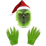 Miminuo Maske mit Weihnachtsmannmütze Weihnachtsmaske und Handschuhen Kostüm Requisiten Gruselige Latex Vollkopfmaske