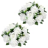 Oairse 2er-Set Kunstblumen Rosen Blumenkugel mit 15 Köpfrosen Kunstseidenblumen Blumenstrauß Blumenstrauss Rosen Bouquet für Hochzeit Zuhause Tischparty Fensterdekoration Hochzeitsmittelstücke, Weiß