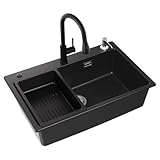 CECIPA Spülbecken Schwarz 70x45x20, Spüle küche mit Wasserhahn Ausziehbar und Seifenspender, Granitspüle mit Ab- und Überlaufgarnitur, 1 Becken Küchenspüle Einbaubar ab 80 cm Schrankbreite