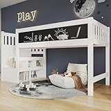 Hochbett Holzbett 90 x 200cm mit Große Tafel und Offene Ablagefächer, Kinderbett Einzelbett Funktionsbett mit Treppe und Rausfallschutz für Jungen oder Mädchen, Weiß