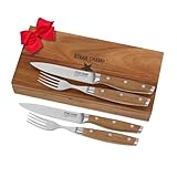 Steakchamp Fleischgabel und Steakmesser, 2 x 2 Stk.: Gabeln und Messer aus Klingenstahl, mit Mikrowellenschliff, Set 4-teilig, inkl. Holzkiste