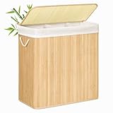 SONGMICS Wäschekorb, 150 l, schmutziger Wäschekorb, 3 Sortierfächer, Deckel aus Bambus, Griffe, faltbar, abnehmbarer Beutel, maschinenwaschbar, für Waschküche, Schlafzimmer, Holzfarbe LCB091N01