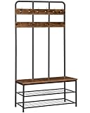 HOOBRO Garderobenständer, Garderobe, Kleiderständer mit 12 Haken, Sitzbank, Schuhregal mit Sitzfläche, 35.5 x 100 x 182 cm, für Flur, Schlafzimmer, Wohnzimmer, Dunkelbraun-Schwarz EBF05MT01