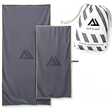 ALP & ACT Mikrofaser Handtuch 2er Set - 100% Recycelt - EXTRA KOMPAKT & leicht - 150x70 cm + 100x50 cm - als Reisehandtuch, großes Strandtuch, Sporthandtuch - Microfaser Handtücher inkl. Beutel - grau