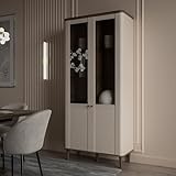 Forte LACETTI Vitrine 90, Moderne Wohnzimmervitrine mit Skandi Lamellen Design, 2-türig, Holzwerkstoff, Kaschmir | Beige mit Valencia Eiche Holzdekor, 90,1 cm breit x 200,5 cm hoch x 41,2 cm tief
